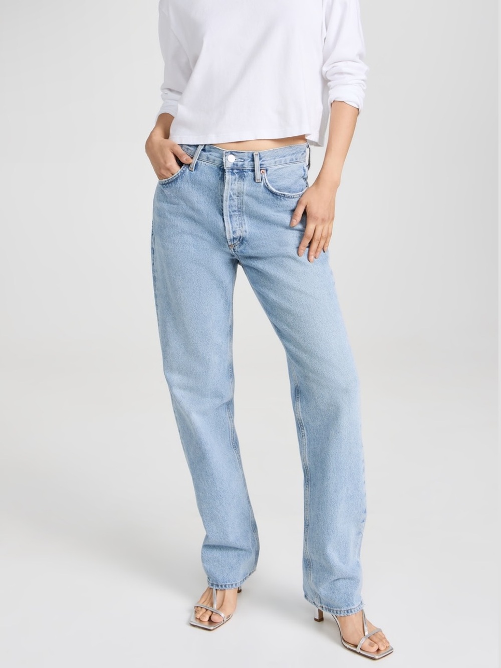 AGOLDE Lana Mid Rise Straight Jeans Riptide Faded Distressed Light Wash